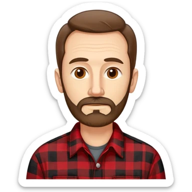 Thin man in his 50s with light complexion. Narrow face with pronounced cheekbones. Unkempt brown hair sticking up in places. Scruffy, uneven brown beard. Wearing a red and black checkered flannel shirt that hangs loosely on his lean body. sticker