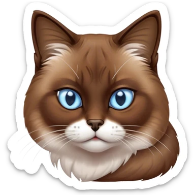 Cinematic Grumpy Brown Mantle Snowshoe Cat Portrait Emoji, Head tilted slightly with a deeply unimpressed expression, rich brown fur blanketing its back, contrasted by its signature white paws, chest, and face, piercing icy-blue eyes narrowed into an unamused glare, Simplified yet comically expressive features, highly detailed, glowing with a dry, sarcastic glow, high shine, effortlessly judgmental yet dignified, stylized with a touch of cynicism, bright but brooding, soft glowing outline, capturing the essence of an eternally unimpressed yet endearing feline, so lifelike it feels like it could sigh heavily at you in disdain at any moment! sticker