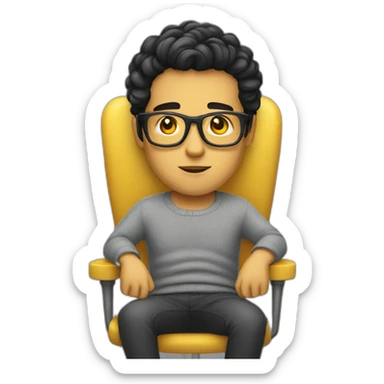 White man with yellow tinted glasses and black hair in a gray jumper and sitting on a chair sticker