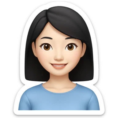 Apple Memoji style, young Asian woman, almond eyes, black hair,
smiling, smooth 3D render, soft gradients, white background,
square format, no text
 sticker