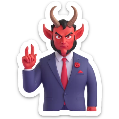satan character, 3/4 view, modern interpretation, sharp suit, subtle horns, confident expression sticker