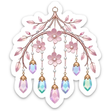 Hanging Iridescent pastel pink sakura crystals white-pearly suncatcher with bells and feathers sticker