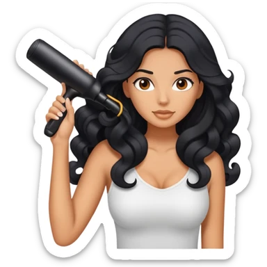 tanned woman with long black hair curling her hair, getting ready sticker