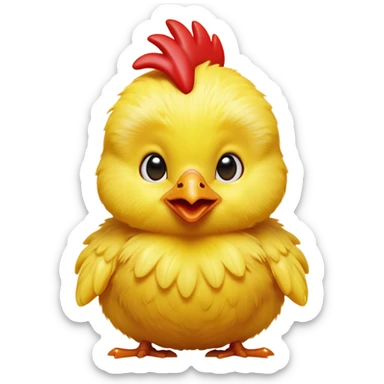 Cinematic Comical Yellow Baby Chicken Portrait Emoji, Head tilted dramatically with an exaggeratedly amused expression, featuring a striking, fluffy yellow downy coat with a tiny quirky red comb, wide, expressive beady eyes filled with playful disbelief, Simplified yet hilariously expressive features, highly detailed, glowing with a slightly sassy glow, high shine, dramatic yet playful, stylized with an air of cheeky mischief, bright and endearing, soft glowing outline, capturing the essence of a spirited and over-the-top chick, so meme-worthy it feels like it could peep its way into internet fame instantly! sticker
