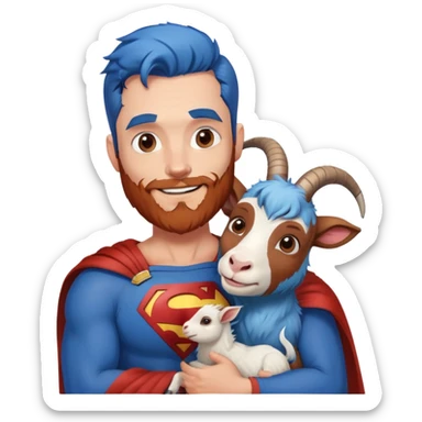 Adult Superman with redish brownish full beard with his arm around a blue hair happy goat sticker