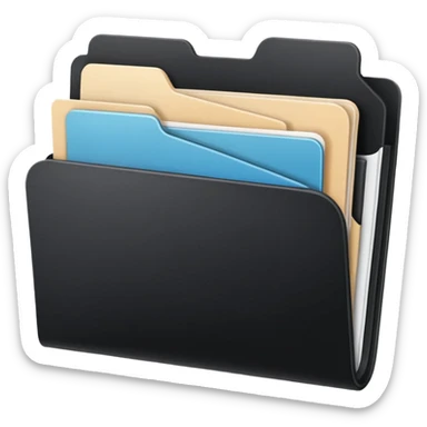 small cute black folder icon, slightly open at the top, multiple pockets or sections visible, white label area on the front with the word 'Titles' in playful handwriting sticker