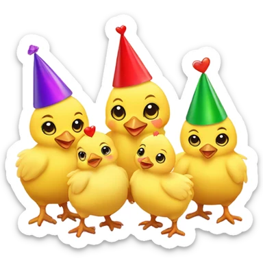 4 baby yellow chickens, wearing party hats and a heart  sticker