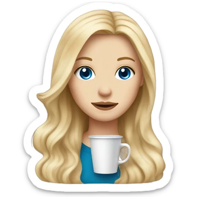 White girl with blue eyes and long dirt blonde hair with a coffee sticker