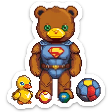 classic childhood toys scattered - brown teddy bear, yellow duck toy, primary colored blocks, red ball, superhero figure sticker