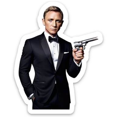 Cinematic Realistic James Bond Daniel Craig Portrait Emoji, depicted as the ultimate suave and enigmatic secret agent, donning a sharply tailored tuxedo, gripping a sleek handgun, with a piercing gaze that exudes confidence and danger. The scene is infused with moody, high-contrast cinematic lighting, evoking the thrilling world of espionage and intrigue. sticker