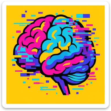 brain with digital glitches and pixelated errors, vibrant colors, representing brainrot sticker