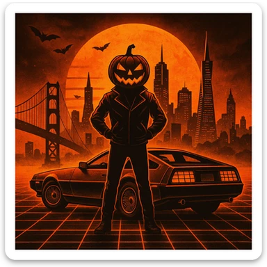 Make the head of the person a halloween pumpkin, make the entire image feel like Halloween retro, make the cityscape san francisco sticker