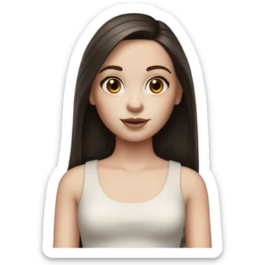 girl with straight dark brown hair, pale skin, doll makeup, and freckles sticker