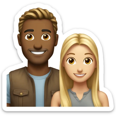 Woman and man smiling, woman has straight Brown hair in a ponytail, slightly sunkissed skin, man has blonde long hair which are in a ponytail, slightly sunkissed skin sticker