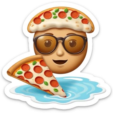 whimsical cappuccino cup emoji with pizza slice floating in foam, wearing sunglasses, looking confused, for Italian brainrot cappuccino sticker