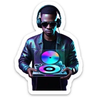 A dj wearing sunglasses playing music holding a cd record record, vinyl, oilslick holographic blacklight inverted graffiti dark dull sticker