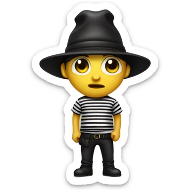 White Thief with black and white stripes shirt wearing a black bean hat holding a yellow bag sticker
