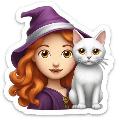 Sorcière rousse avec chat blanc qui a des yeux de couleur différente sticker