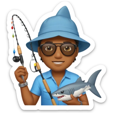 Black man reeling in a shark he just caught, emoji style sticker
