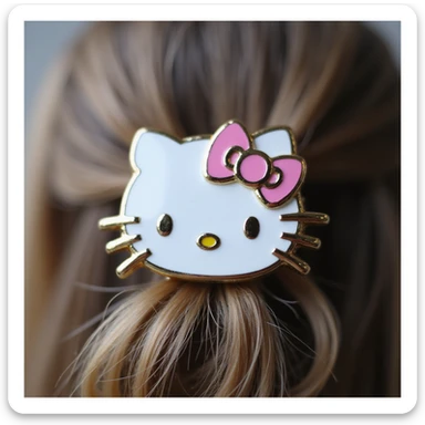 realistic Hello Kitty hair pin metallic with enamel paint, Hello Kitty's face and pink bow, macro shot, white background sticker