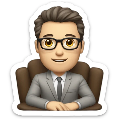Pale skinned Fit Man With dark brown hair in gray jacket, beige office shirt and vintage glasses sitting In a soft chair with a notebook with emblem Ψ and a pen in his hands sticker