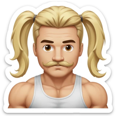 super jacked guy with long hair and a mustache pulling a blonde ponytail sticker