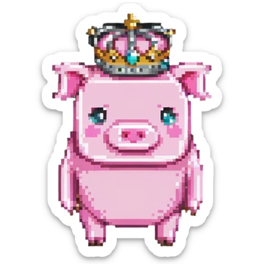 minecraft pig full body pink blocky animal with square head wearing a crown sticker