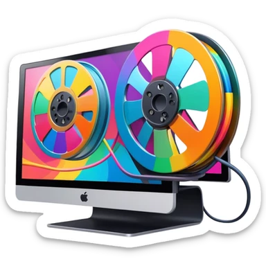 Create a vibrant and modern icon representing Animation and Motion Design, featuring elements like a film reel, a computer screen, and dynamic motion lines. Rolling colorful film. The design should be visually engaging, colorful, and dynamic, without any emojis. The background is transparent. sticker