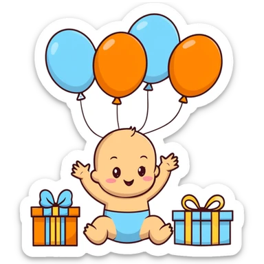 happy baby surrounded by pastel blue balloons and presents at birthday party sticker