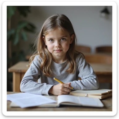 A girl preparing for exams, sitting at a desk with books and notes, looking focused and determined, in a detailed and realistic style. sticker