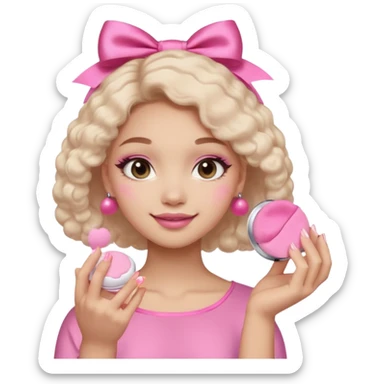 female face, light skin tone, small simple closed smile. One hand visible holding a round fluffy pink makeup powder puff pressed to the cheek; the puff has a small satin bow. sticker