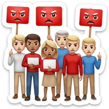 a crowd of people with angry faces and holding placards that read: we disagree sticker