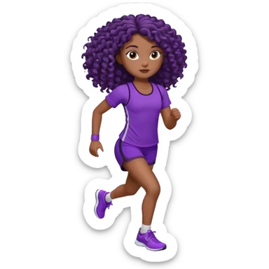 Uma boneca morena escura com olhos castanhos e cabelo cacheado longo até o peito, treinando correndo a roupa top roxo com detalhes preto e short roxo com detalhes preto sticker