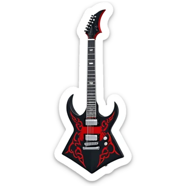  Create a bold and fierce emoji representing the Dean V Dave Mustaine ‘Angel of Death’ (VMNT AOD) electric guitar. The design should feature the sharp, V-shaped body of the guitar with an intricate, dark angel graphic on the body. The guitar should have a sleek black finish with contrasting elements like red and silver details. Include chrome tuning pegs and pickups to reflect its high-end craftsmanship. Subtle details like skulls, flames, or other gothic elements will emphasize its ‘Angel of Death’ theme. Use dark, metallic colors like black, silver, and red to evoke the heavy metal energy. The background should be transparent. sticker