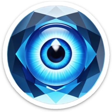 Cinematic Realistic image of a glass Evil Eye blue stone, rendered with translucent, luminous blue hues and finely cut facets that catch soft reflective light, set against a dark, minimalist backdrop to emphasize its mystical allure. sticker
