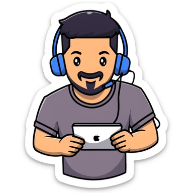 Animated happy man with black hair, brown eyes, black beard, gaming headset sticker