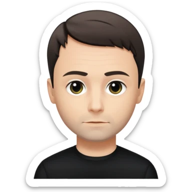 Oliver Riedel, reserved look, short hair, black clothing sticker