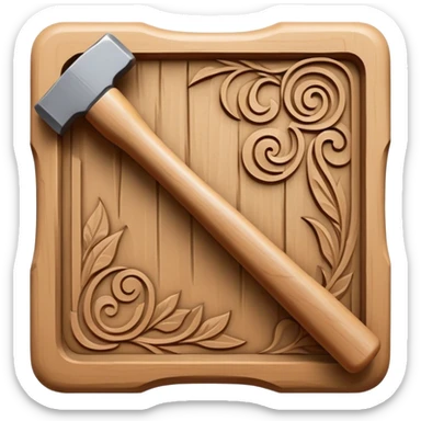 Carving icon, detailed wood or stone carving in progress, carving tools like chisels, mallet, visible texture and patterns, minimalistic style, clean lines, transparent background. sticker