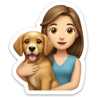 A girl with brown hair and brown eyes holding a golden retriever puppy sticker
