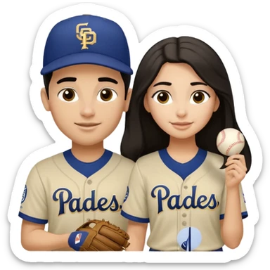 Couple in a game  but light skin. They are girlfriend and boyfriend. Not sibling. Girl has long dark and dimples on the cheeks. The boy has dark hair but shortand prominent eyebrows with egipcian nose. Both are wearing “Los Padres” baseball jerseys and with a sign that says “Go Padres” sticker
