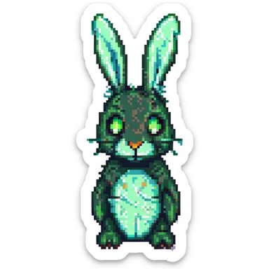 standing pose tattered green animatronic rabbit with glowing eyes, horror vibe, Springtrap, pixel art sticker