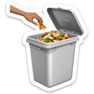 hand dropping food scraps into a trash bin, clean and expressive sticker