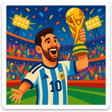 Lionel Messi holding the World Cup trophy, celebrating, in a football stadium, vibrant colors sticker