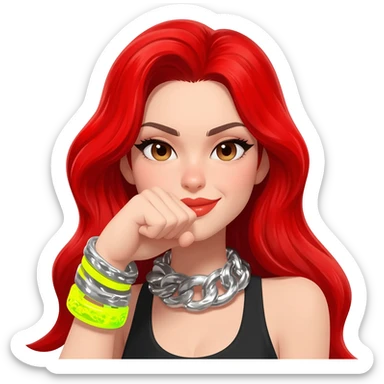 Not showing finger but fist on mouth and blowed mouth....she is red hair and tacky jewellery and cool....the hand is on her mouth and she is smirking and long hair sticker