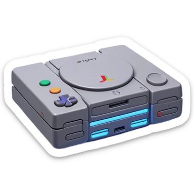 Clash of Clans aesthetic: Cinematic Playful PlayStation 1 Console Portrait Emoji, rendered in a 3D vector-style similar to standard emojis with minimal shading and bold, simplified shapes. A compact, distinct form with signature details, softly glowing with a cutting-edge console technology charm. Simplified yet unmistakably iconic, highly detailed and consistent, glowing with a soft radiance and high shine. Stylized with a touch of technological advancement and a soft glowing outline, capturing the essence of a beloved gaming relic with a friendly, playful manner! sticker