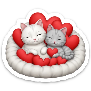 White cat and gray cat sleeping together in a bed full of hearts sticker