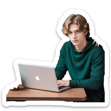 man with light brown hair and green eyes, laptop on table, small plant beside, cozy vibe sticker