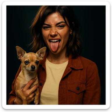 rebellious and playful woman, tanned skin, freckles, shirt color #FFF8CA, rust jacket, medium-length brown auburn hair, holding beige-brown chihuahua, Netflix series style, dark background, modern visual effect sticker