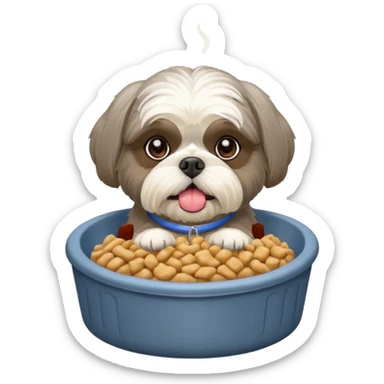 old ALL grey shih tzu in dog bed with bowl of food tongue hanging out sticker