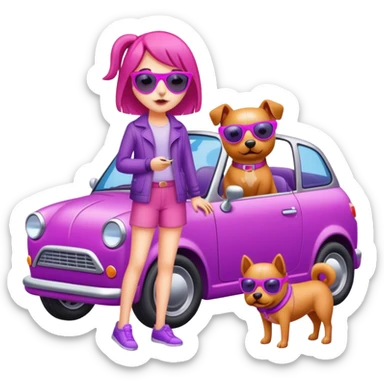 A girl with a pink dog and a purple car with yellow sunglass sticker